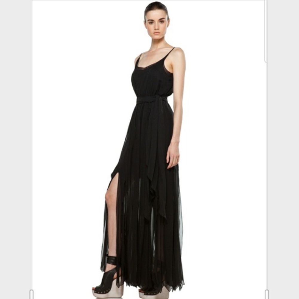 Rachel Zoe Ashley Black silk fringe maxi dress gown size 0